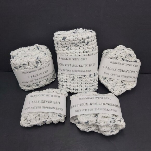Crochet Eco-Friendly Spa Set 11 Pieces Cloth Pads Mitt Pouches White Gray New - Picture 9 of 15